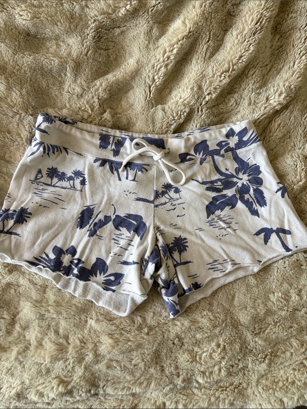 Monrow White Lounge Shorts with purple Tropical Print